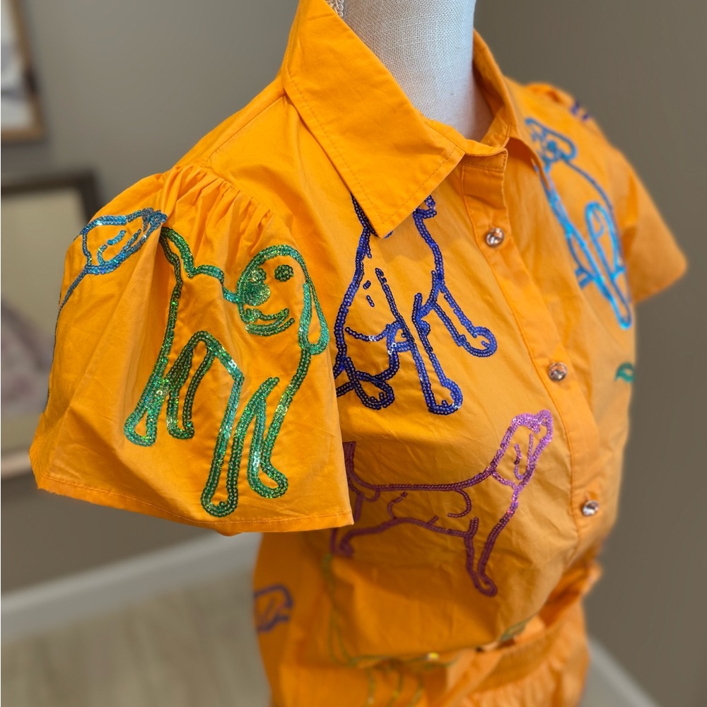 QUEEN OF SPARKLES Orange Sequin Dog Print Shirt and Shorts Set - Picture 2 of 13
